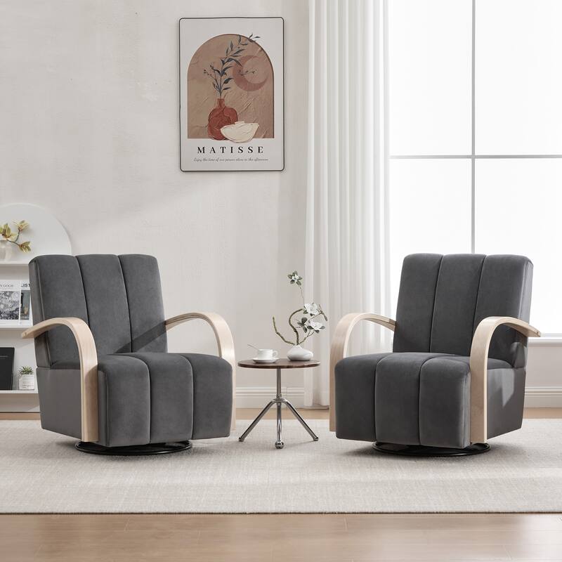 30.3"W Upholstered Swivel Accent Chair with Solid Wood Armrests, Channel Tufted Lounge Chair Single Reading Sofa Chair