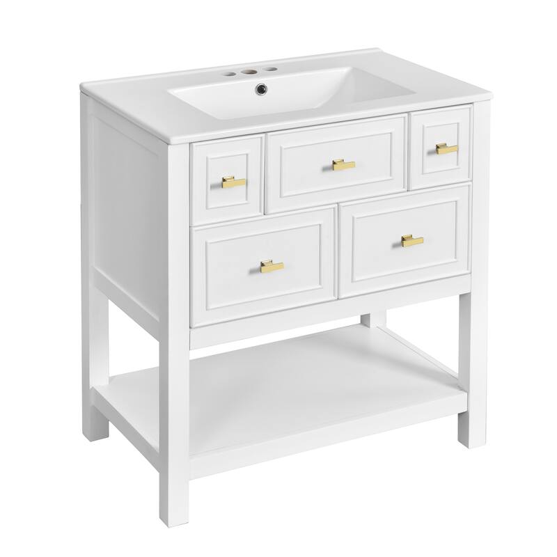 Bathroom Vanity with Ceramic Sink, Bathroom Storage Cabinet with 5 Drawers, Bathroom Vanity Set with Open Shelf
