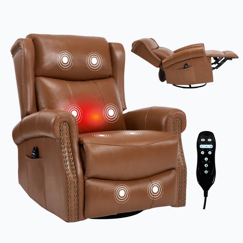 Genuine Leather Swivel Recliner Chair, Sofa Chair with Side Pockets, Manual Recliner Chair with Heat & Massage