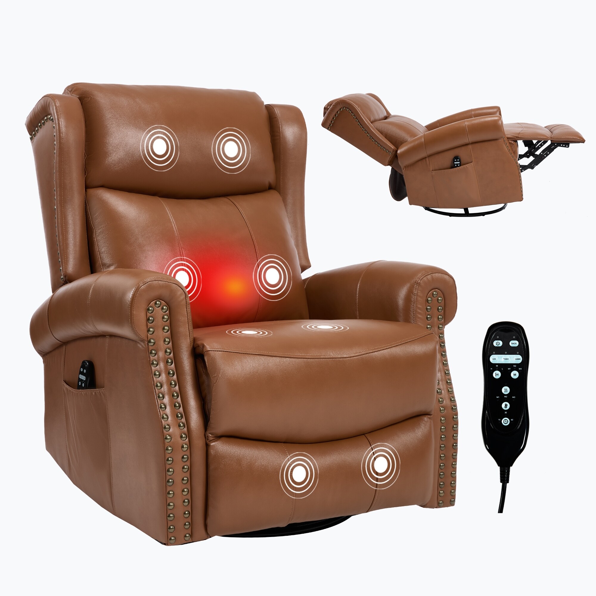 Heat Massage Swivel Sofa Manual Recliner Chairs with Nailhead Accent