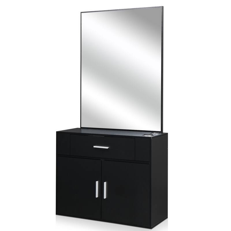 Black Wall Mounted Hair Styling Station with Mirror Drawer and Storage Cabinet for Salon Use - 59.4” x 29.6” x 11.8" (L x W x H)