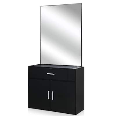 Black Wall Mounted Hair Styling Station with Mirror Drawer and Storage Cabinet for Salon Use - 59.4” x 29.6” x 11.8" (L x W x H)