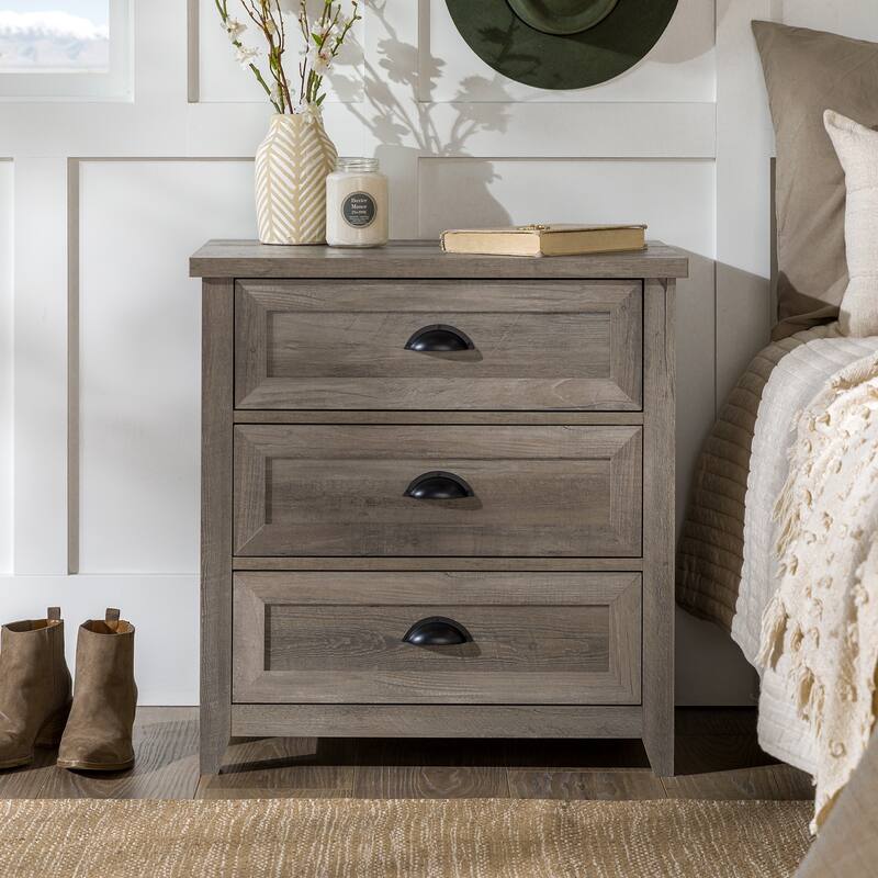 Grey Wash Farmhouse Nightstand with 3 Drawers and Cup Handles