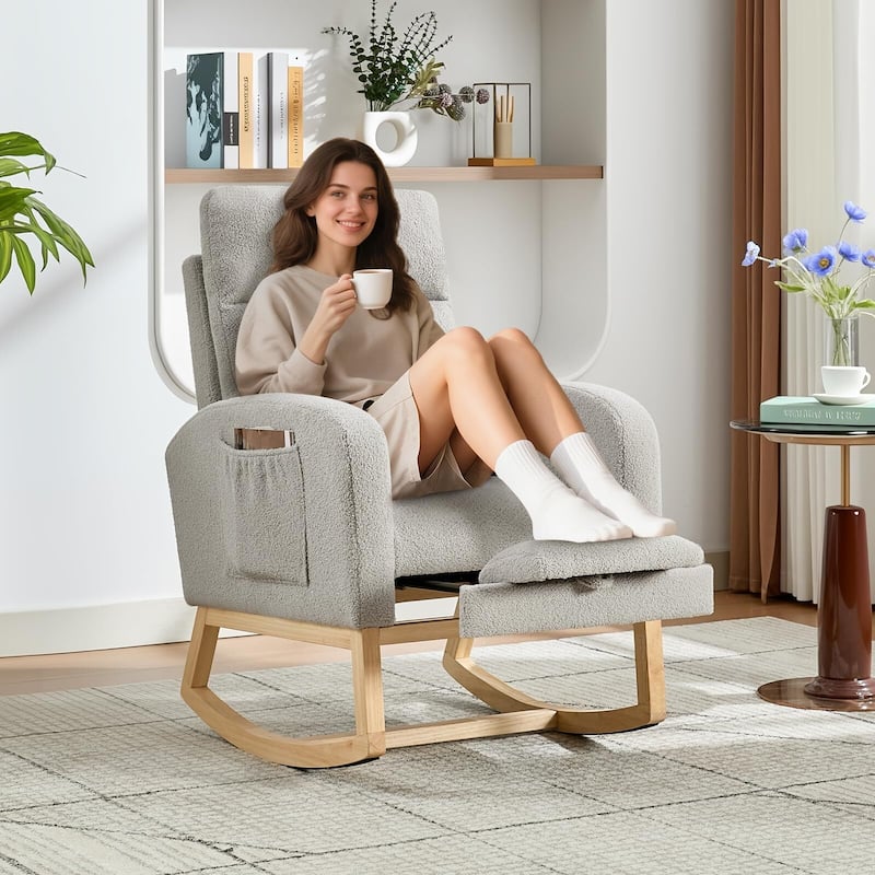 Rocking Chair with Footrest for Nursery, Modern PU Upholstered Glider Accent Armchair with High Backrest - Grey