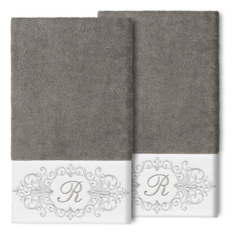 Authentic Hotel and Spa 100% Turkish Cotton Monica 2PC Embellished Bath Towel Set - R - Dark Gray