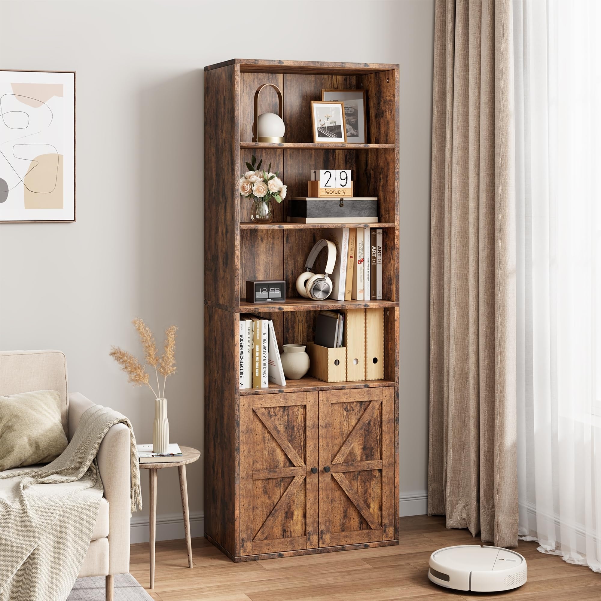 71.4 in Tall Bookshelf 6 Tier Bookcase with Barn Doors and Shelves, Black Farmhouse Book Shelf with Storage Cabinet