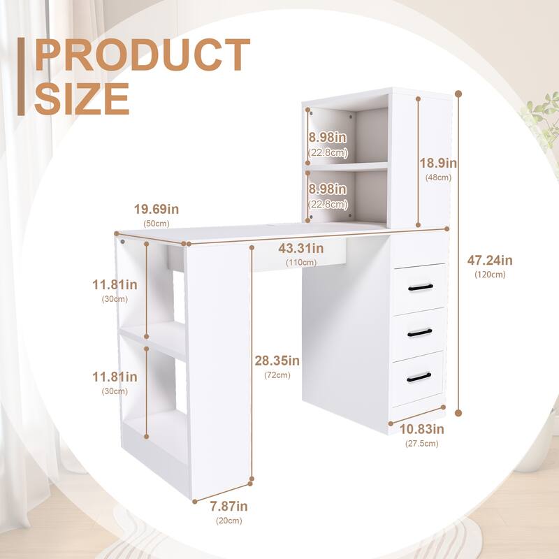 White Computer Desk with 3 Slide Storage Drawers and 4 Open Shelves for Home or Office Workstation