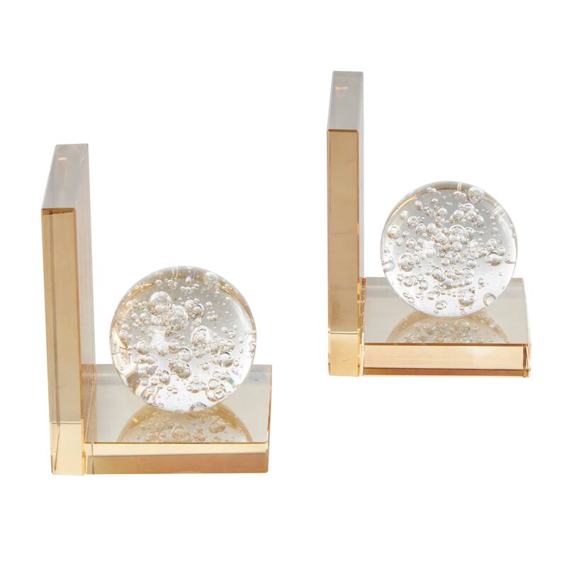 Glass Geometric Bookends with Clear Orbs and Bubble Texturing - Set of 2 Gold - Roche River Decor - 5"W x 4"L x 6"H