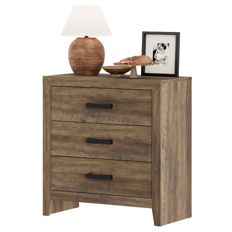 WAMPAT Farmhouse Nightstand with 3 Drawers, Large Wood Bedside Table