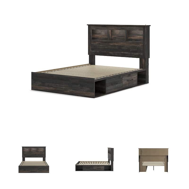 Drystan Rustic Brown Bookcase Bed with 2 Under Bed Storage Drawers