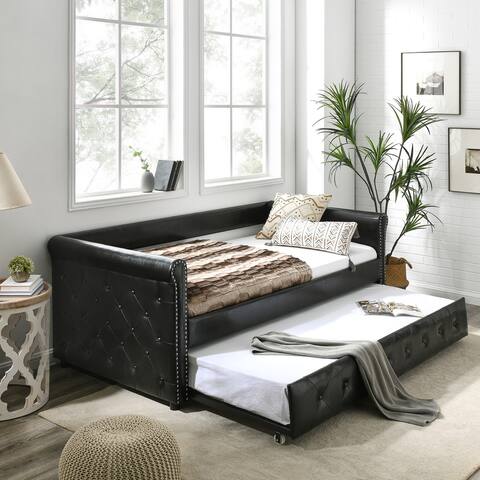 Daybed with Trundle Upholstered Tufted Sofa Bed, with Button and Copper Nail on Armsboth Twin Size, PU Black