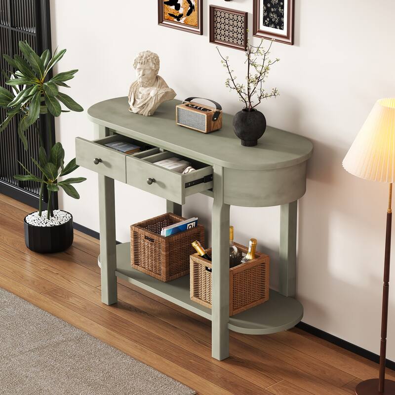 Curved Console Table with 2 Storage Drawers and Metal Handles, Wooden Hallway Tables Entryway Table wOpen Storage Shelf