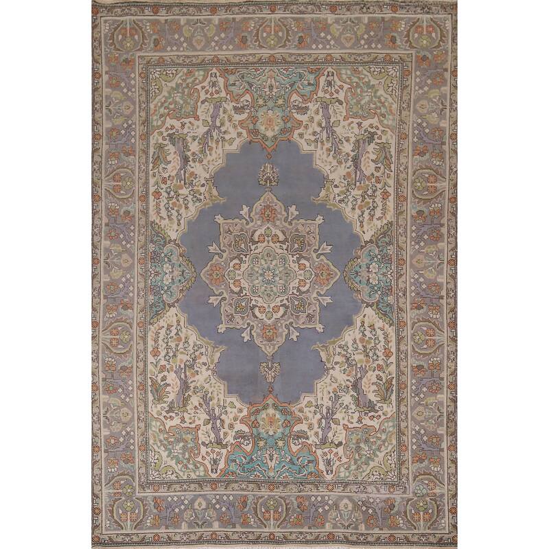Geometric Tabriz Vintage Persian Area Rug Hand-Knotted Wool Carpet - 6'5" x 9'7"
