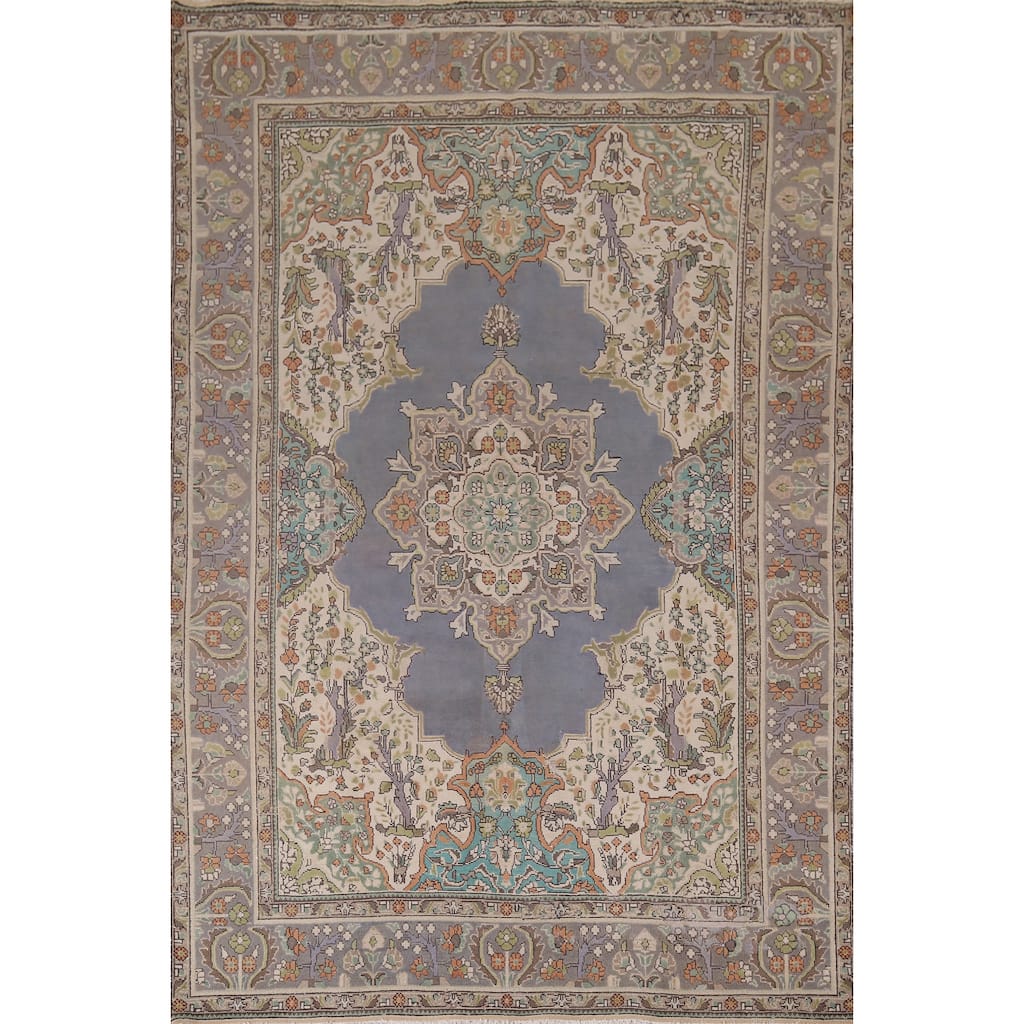 Geometric Tabriz Vintage Persian Area Rug Hand-Knotted Wool Carpet - 6'5" x 9'7"