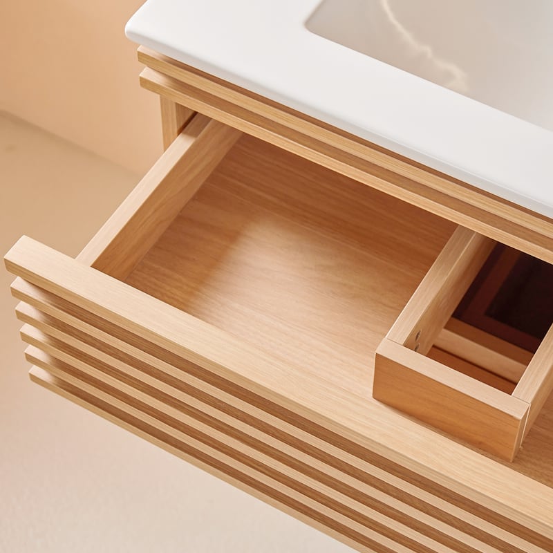Wall Mounted Single Vanity with Ceramic Sink - Natural Walnut