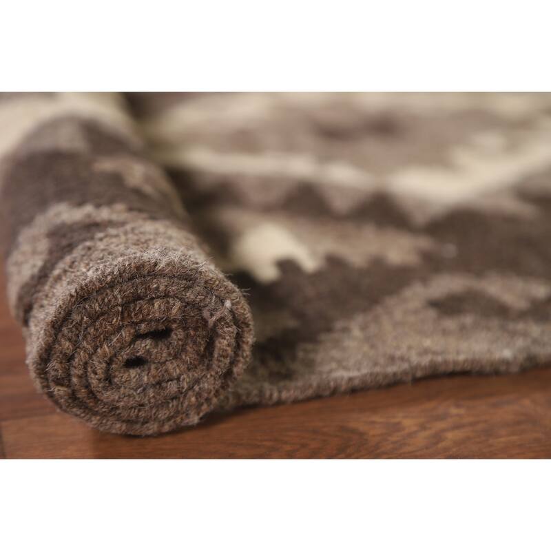 Brown Kilim Accent Rug Flatweave Geometric Wool Carpet - 3'5"x 4'5"