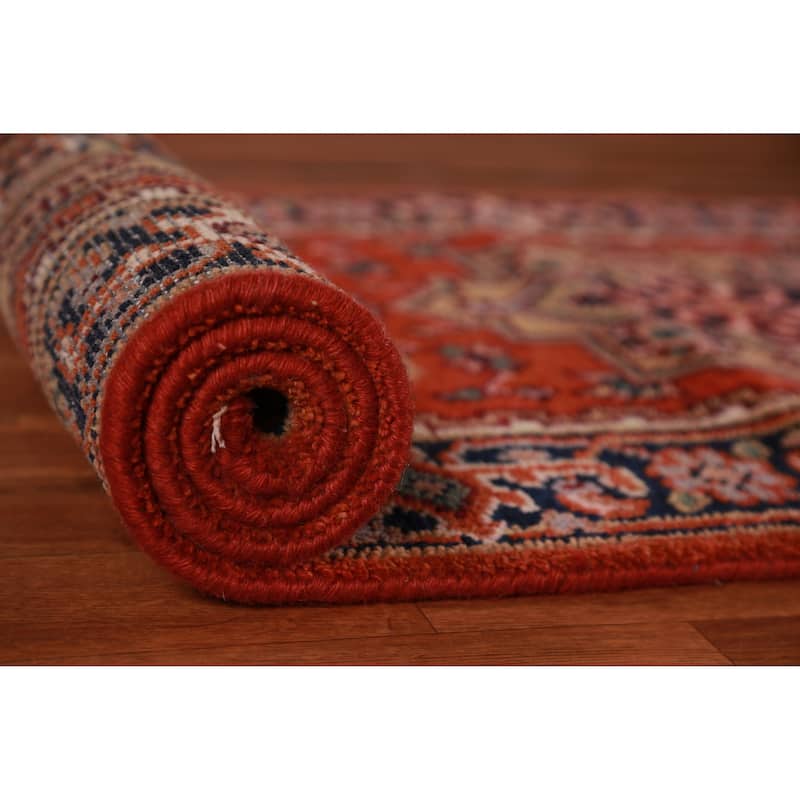 Hand Knotted Oriental 100% Wool Carpet Traditional Geometric Oranges & Rust Heriz (serapi) Runner Rug - 11' 8'' X 2' 6''