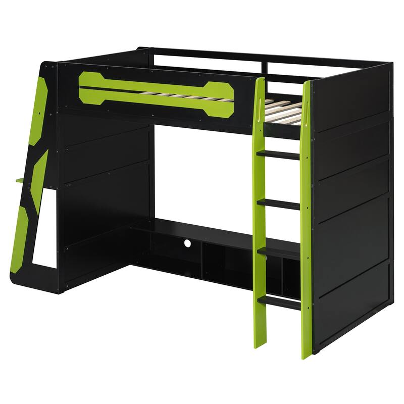 Esports Twin Loft Bed with Desk, Multi-storage Shelves and Light Strip