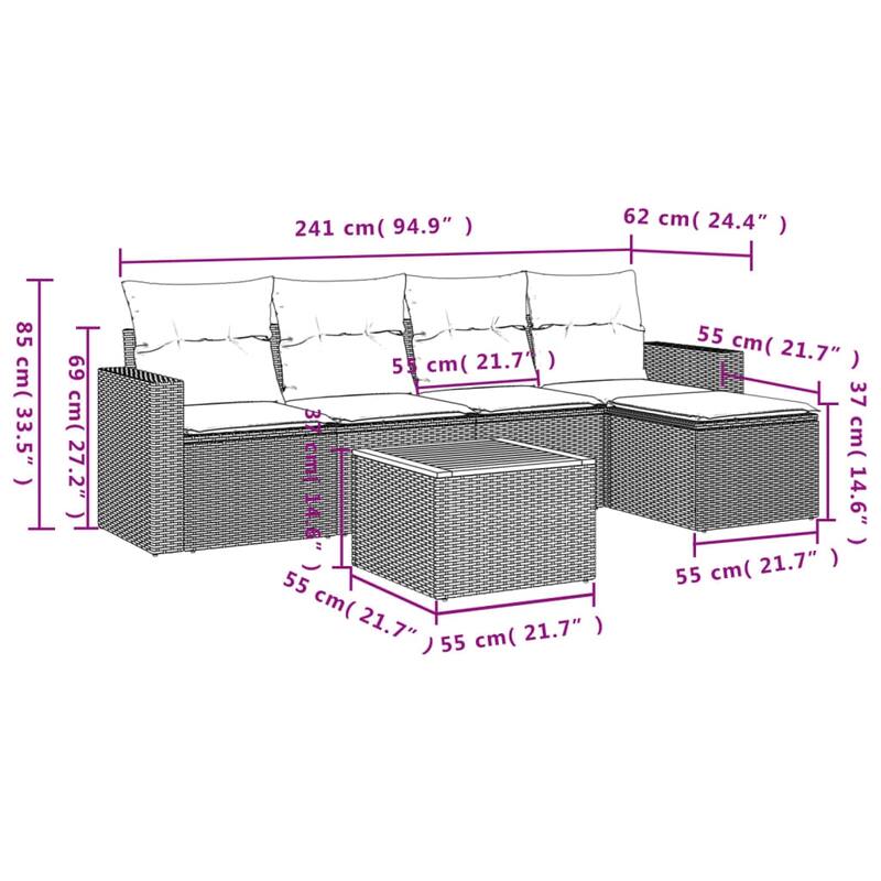 vidaXL Patio Sofa Set with Cushions Outdoor Furniture 6 Piece Poly Rattan - 25.8 x 24.4 x 27.2