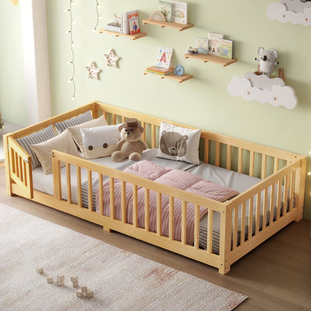 Natural Twin Size Bed Floor Bed w/ Safety Guardrails & Door for Kids