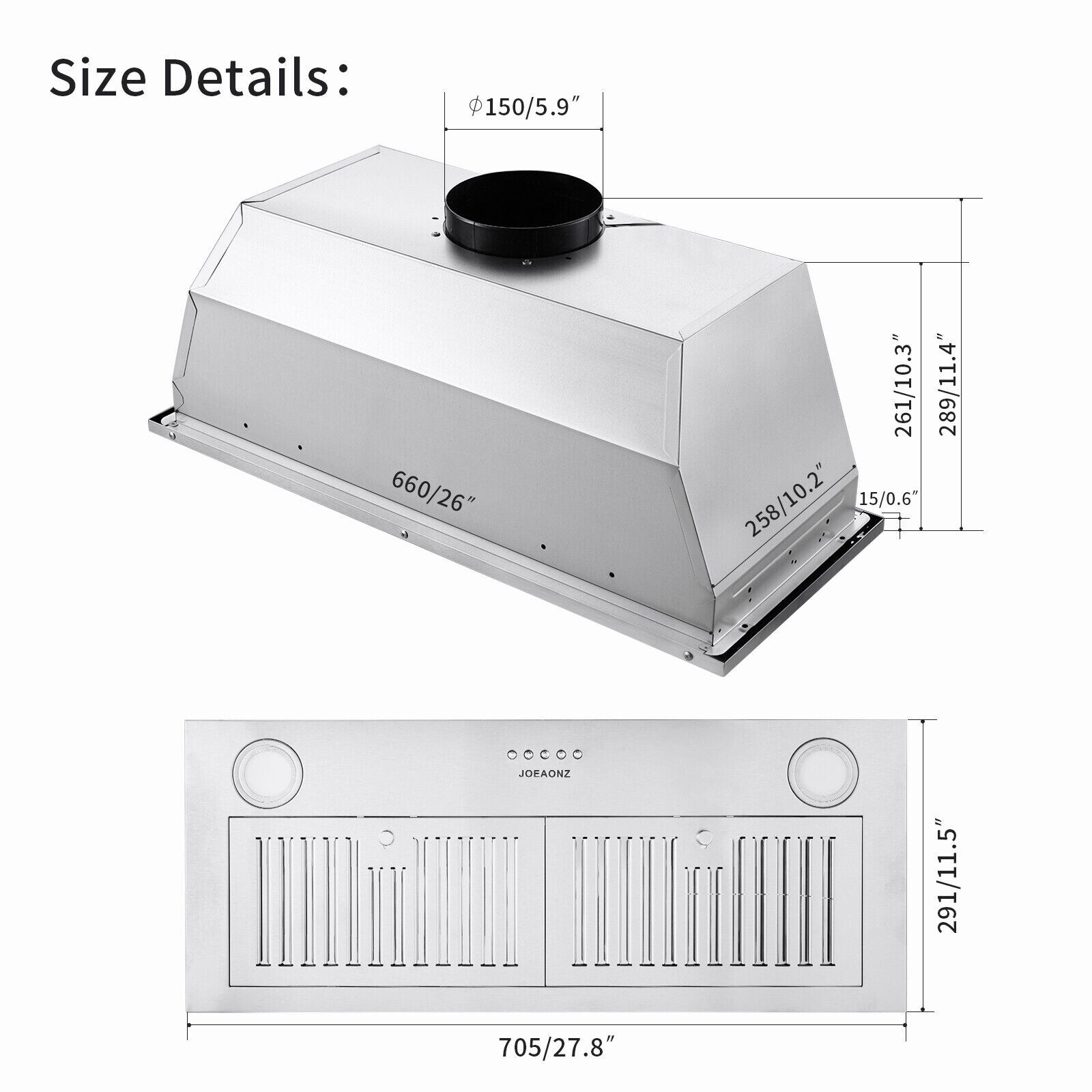 Tieasy Range Hood Insert 30 inch, 600 CFM Large Air-Flow Capacity Stainless Steel Built-In Vent Hood with Matel Covered Motor, Ducted/Ductless