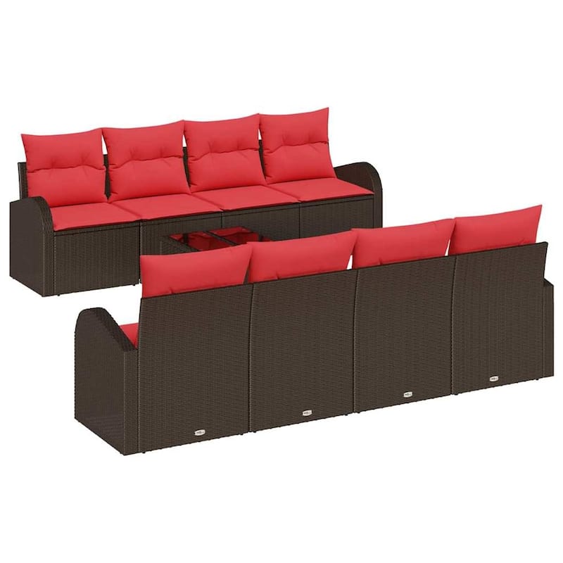 vidaXL 9 Garden Sofa Set with Cushions Black/Brown/Grey Poly Rattan - 92.1 x 24.4 x 27.2