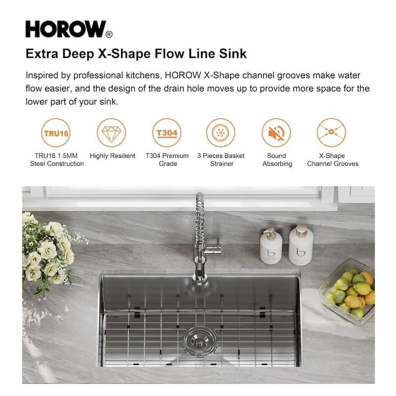 HOROW 32 in 16-Gauge Undermount Single Bowl Stainless Steel Kitchen Sink with Accessories