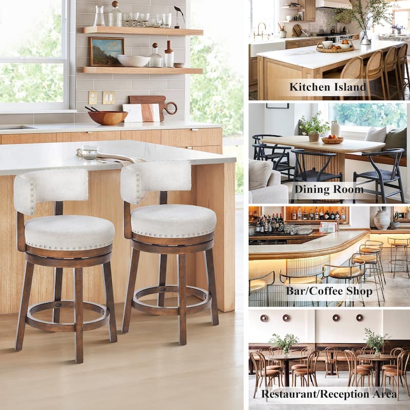Modern Velvet Swivel Bar Stool - 25" or 30" Counter Height with Adjustable Footrest & Walnut Base, for Kitchen Islands