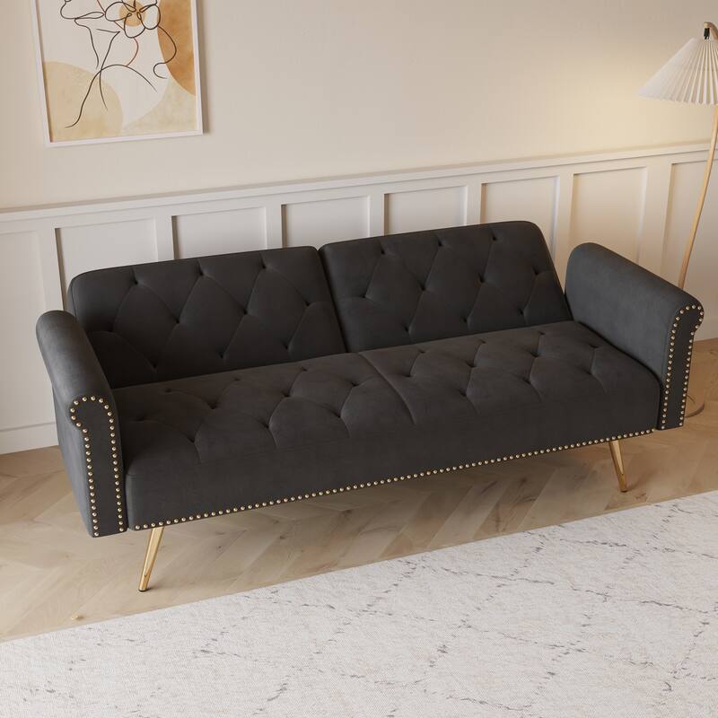 69.7" Velvet Sofa Bed with Nailhead Trim & Pillow - Modern 2-Seater Sleeper