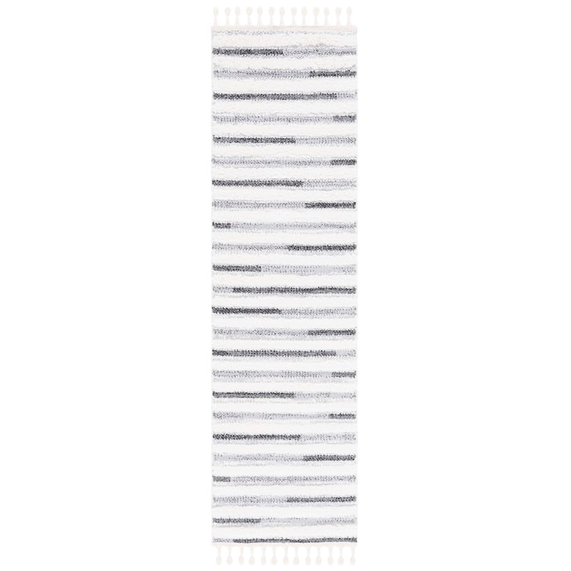 SAFAVIEH, Moroccan Tassel Shag Eathel 2-inch Thick Rug - 2'3" x 8' Runner - Ivory/Grey
