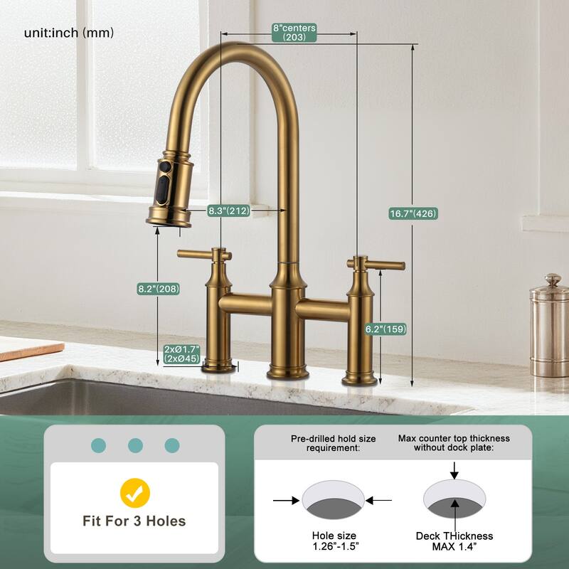 WOWOW Double Handle Pull Down Sprayer Bridge Kitchen Faucet