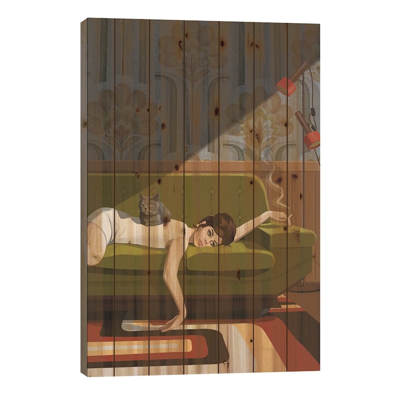 Waiting Game Print On Wood by Artcatillustrated - Multi-Color - 40x26x1.5