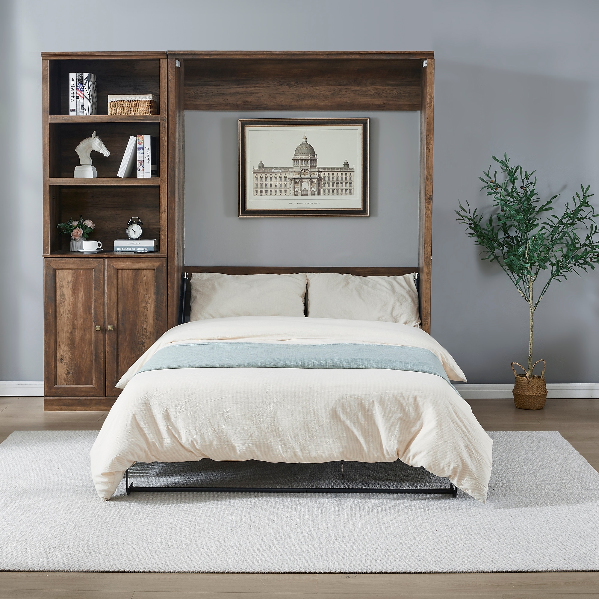 Roomfitters Full/Queen Size Murphy Bed with Storage Cabinet, Wall-Mounted Foldable Bed, Space-Saving Design for Guest Room