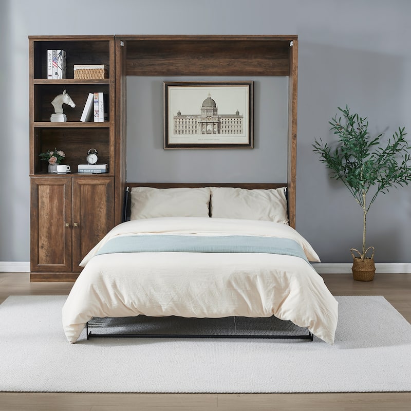 Space-Saving Modern Murphy Bed with Dual Piston Lift - Foldable Platform Bed Convertible Hidden Cabinet Design Cube Cabinet Bed