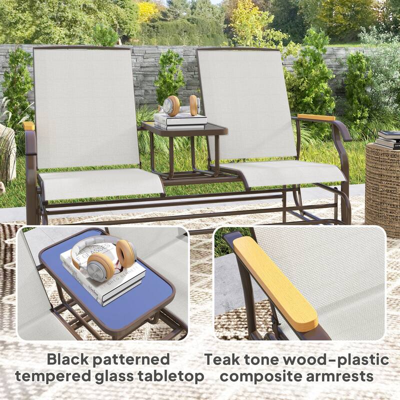 Outsunny 2 Person Outdoor Glider Bench, Patio Swing Glider Chair Loveseat with Breathable Mesh, Table, Steel Frame