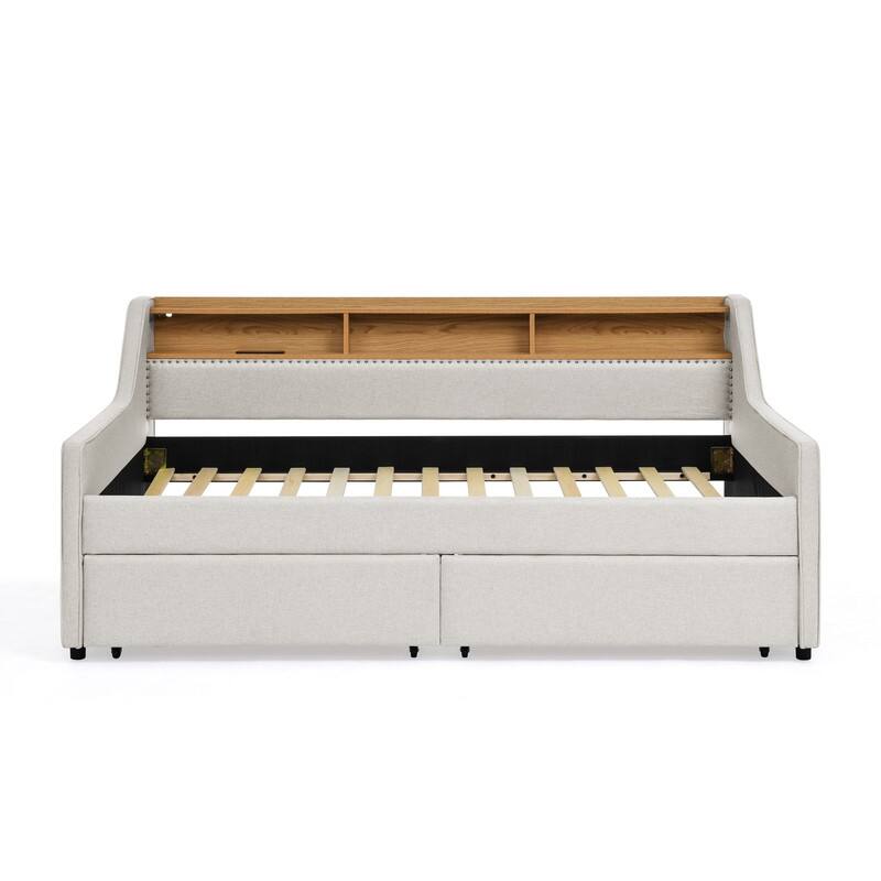 Twin Size Upholstery Sofa Bed with LED lights, 2 drawers and Wireless Charging