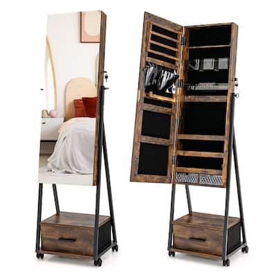 Rolling Jewelry Cabinet Lockable Jewelry Armoire w/ Full-length Mirror