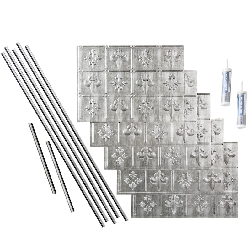 FASÄDE Fleur de Lis Decorative Vinyl Backsplash Panel - 15 Sq Ft Kit - Crosshatch Silver