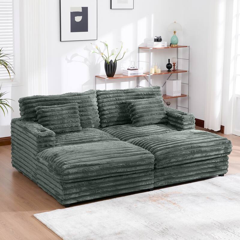 Plush Oversized Double Chaise Sofa with USB Charging, Cup Holders & Ultra-Deep Seating by Harper&Bright Designs - Sage Green