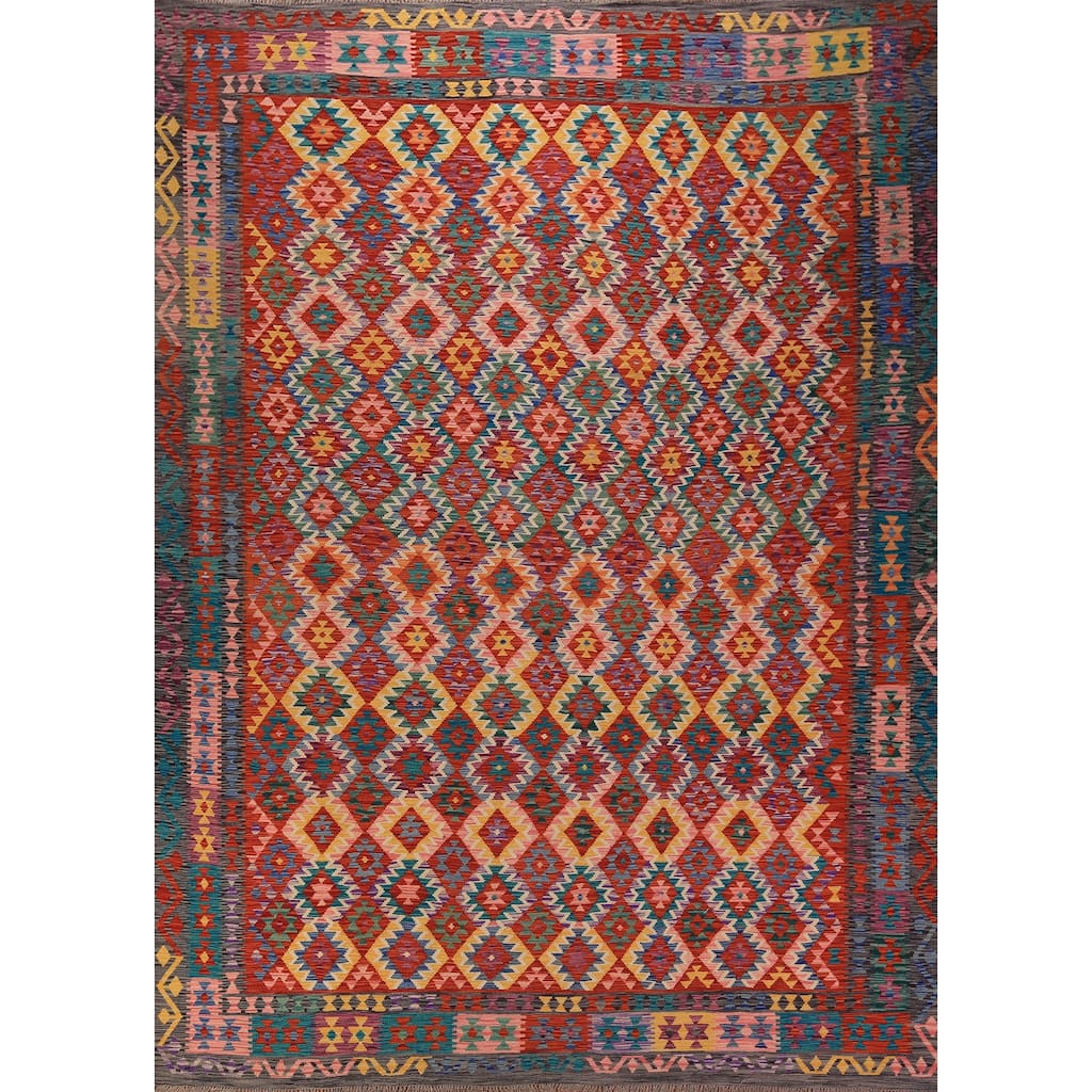 South Western Orange Kilim Oriental Area Rug Hand-Woven Wool Carpet - 10'2" x 12'11"