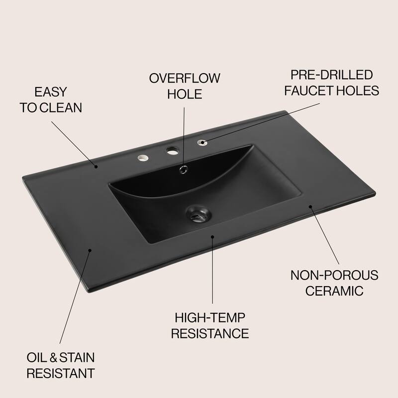 Aubert 3-Hole Classic Contemporary Rectangular Ceramic Single Sink Basin Vanity Top, by JONATHAN Y