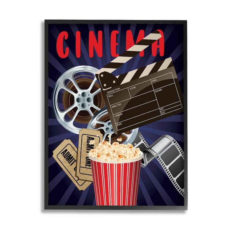 Stupell Cinema Movie Reel Popcorn Entertainment Sign Framed Wall Art, Design by Yvonne Coleman Burney - 24 x 30 - Black