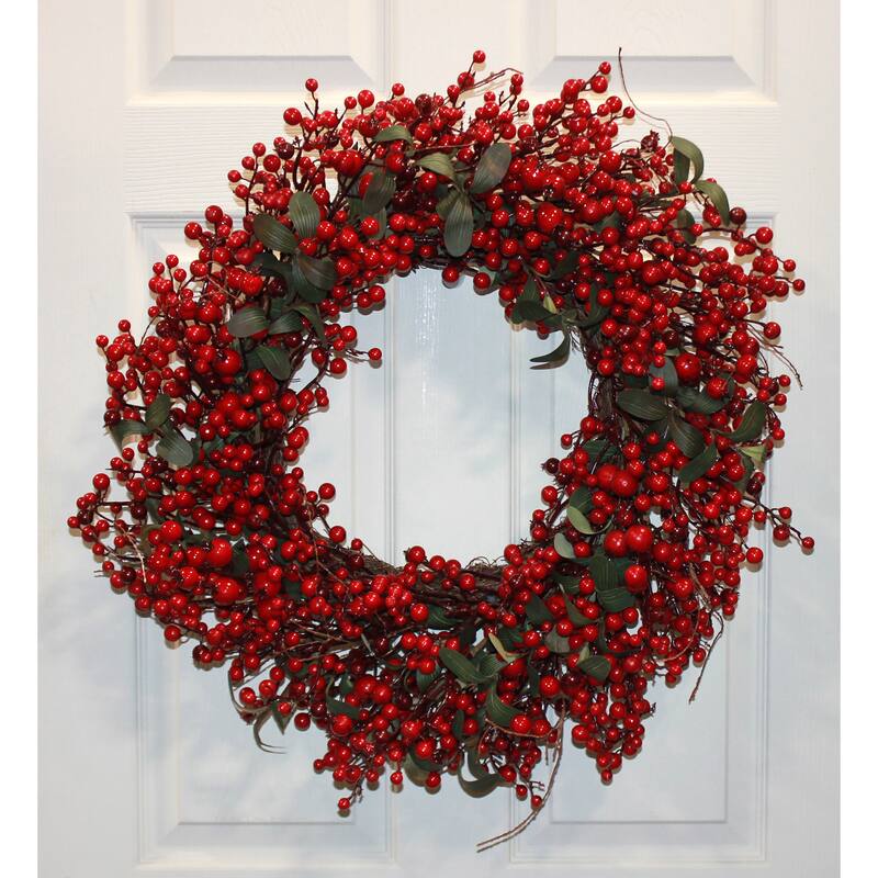 22" Artificial Christmas Red Holly Berry and Green Leaves Wreath on Natural Twig Base
