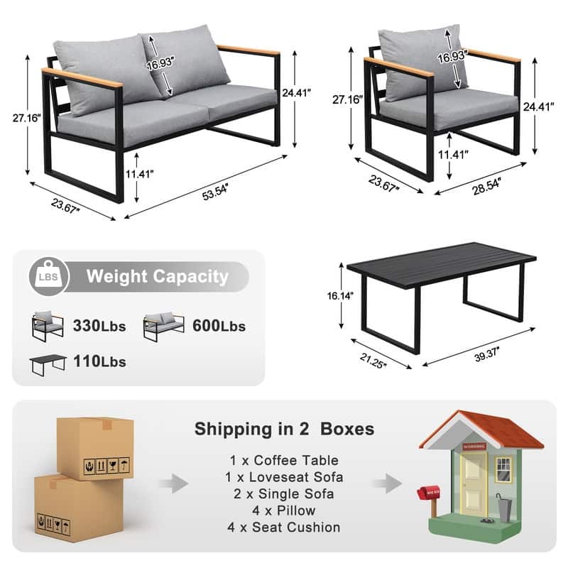 4-Piece Black Iron Patio Set with Gray Cushions, Coffee Table & 2 Singles+1 Loveseat