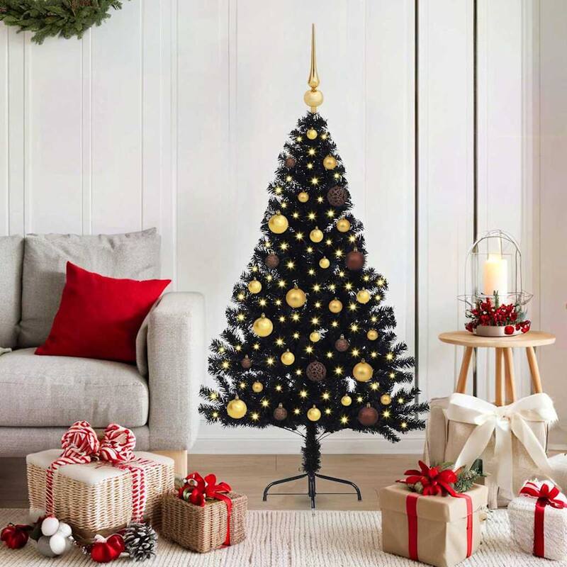 vidaXL Artificial Pre-lit Christmas Tree Pink in PVC - 59.06 in - Black-with 60 gold/bronze balls