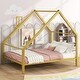preview thumbnail 1 of 6, Full Metal House Platform Bed with Roof & Chimney,Montessori Bed, Gold Gold