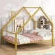 preview thumbnail 2 of 8, Gold Full Size Metal House Platform Bed with Roof and Chimney for Boys and Girls,Bedroom