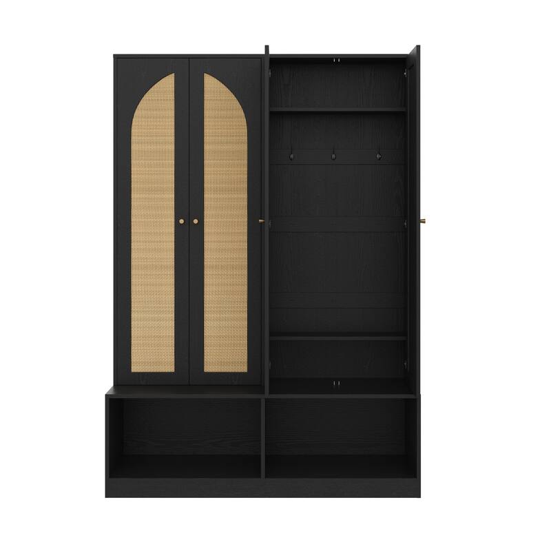 Farmhouse Widen Hall Tree with 4 Rattan Doors, Versatile 4-In-1 Seating Bench with 6 Hooks, Mid-Century Entryway Shoe Cabinet