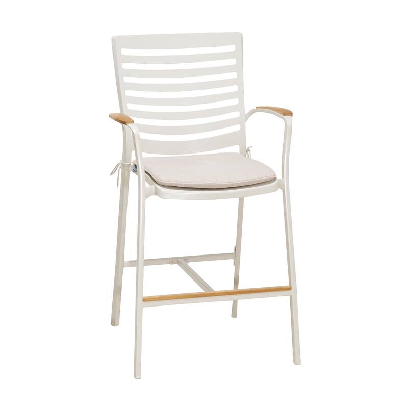 Portals Outdoor Patio Aluminum Barstool in Light Matte Sand with Natural Teak Wood Accent - Counter Stool