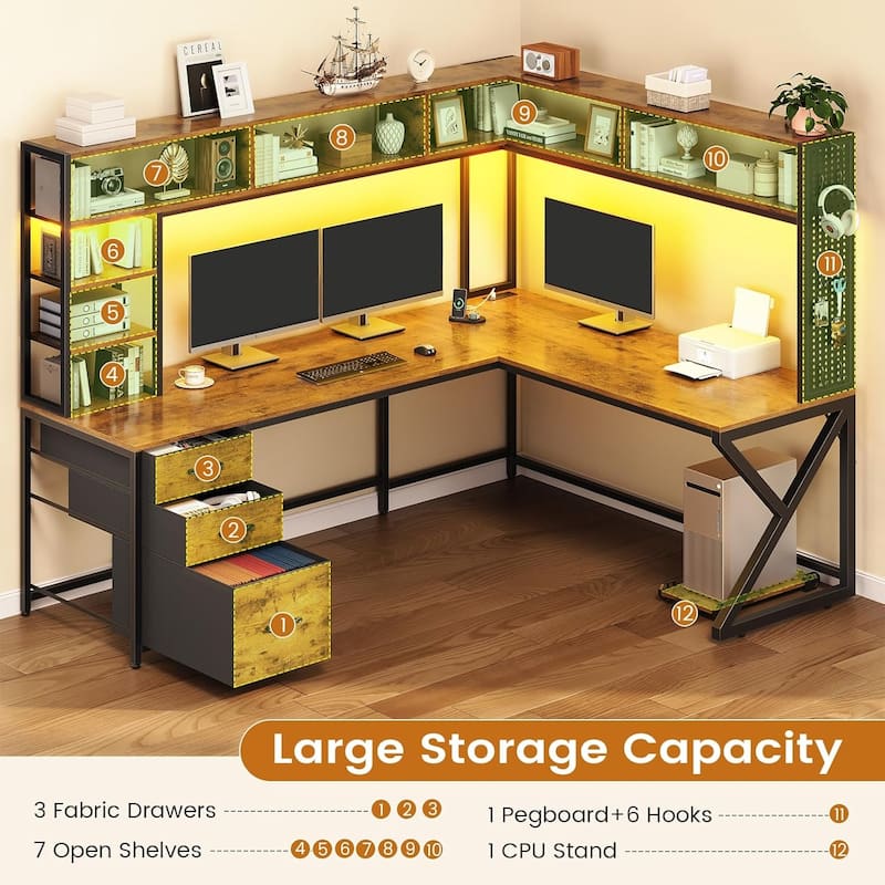 L Shaped Gaming Desk with Storage Shelves and Hutch Computer Desk 3 Drawers